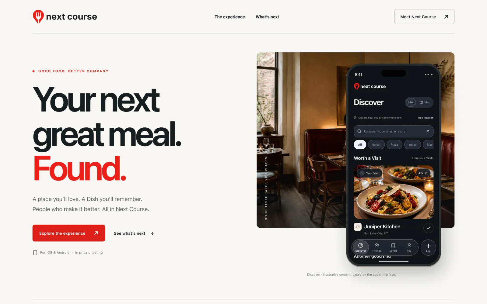 The Next Course website on a laptop, headlined “Your next great meal. Found.”, beside the app’s Discover screen on a phone